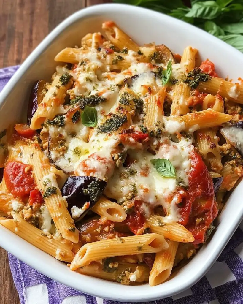 Baked Penne with Cottage Cheese, Eggplant, and Salami