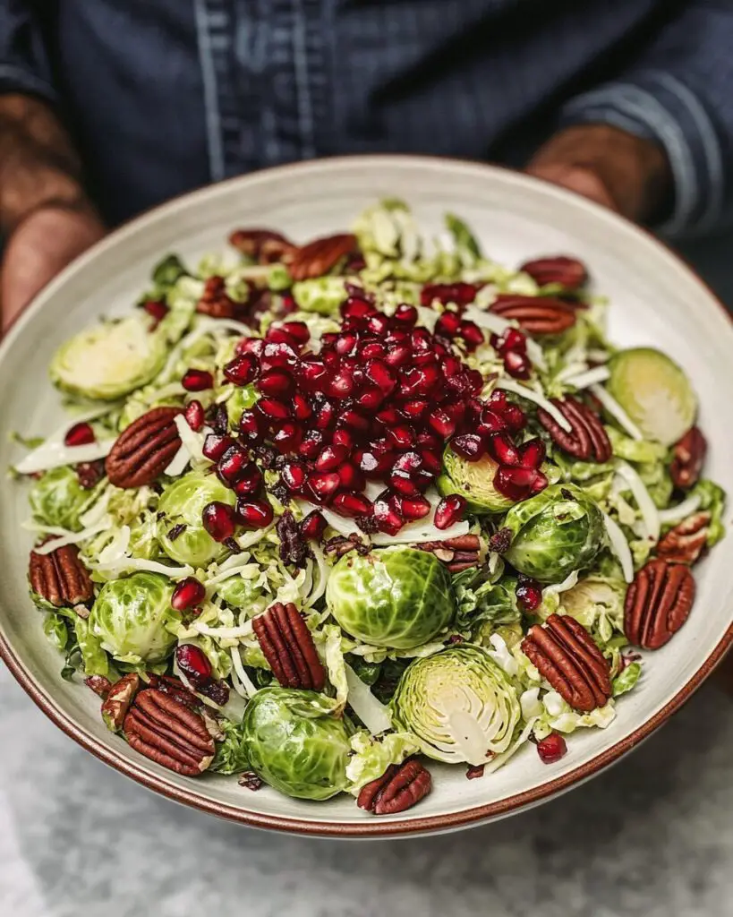 Irresistible Shaved Brussels Sprouts Salad with Pomegranate and Candied Pecans