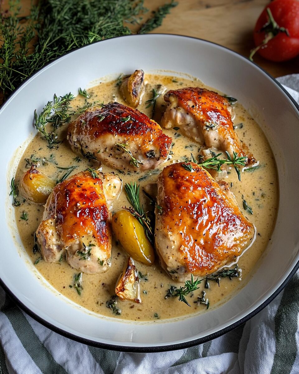 Tender Herb-Infused Chicken with a Velvety White Wine Sauce