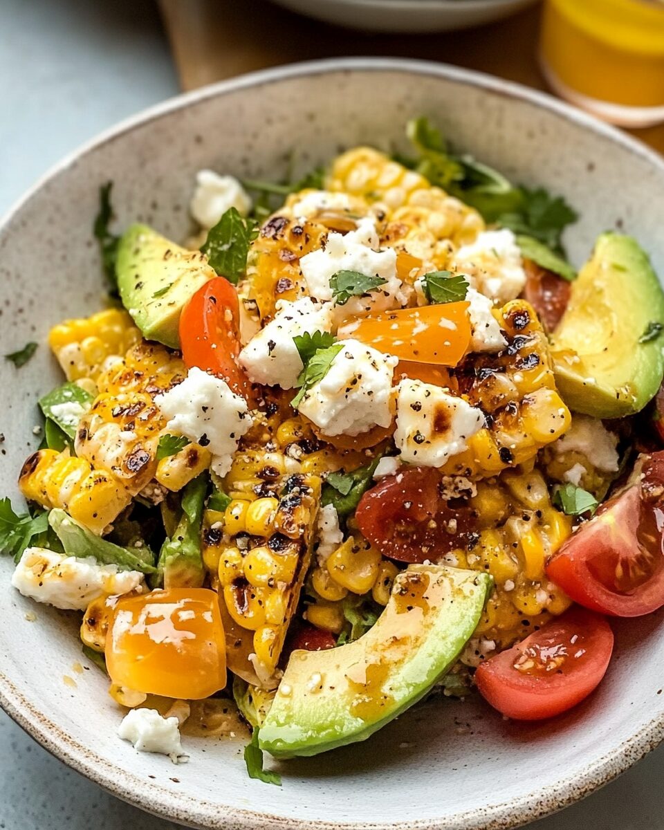 Grilled Corn Salad with Avocado, Goat Cheese & Hot Honey Vinaigrette