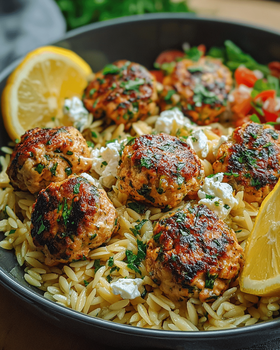 Greek Chicken Meatballs with Lemon Orzo