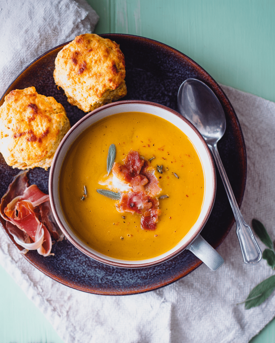 Pumpkin Soup with Cheesy Scones and Prosciutto
