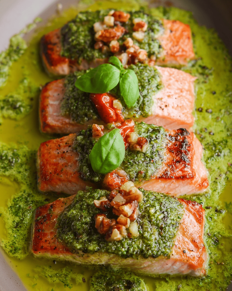 Baked Salmon with Basil Walnut Pesto