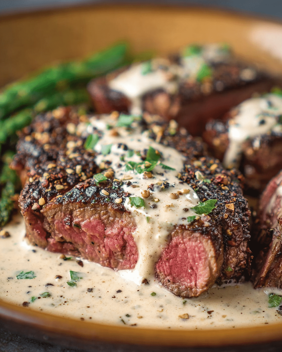Skillet Steak with Peppercorn Brandy Cream Sauce