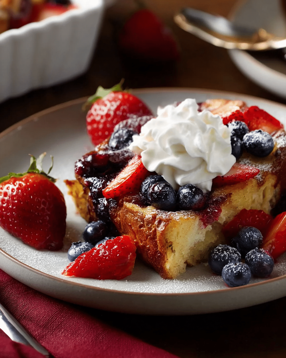 Decadent Blueberry French Toast Casserole with Fresh Strawberries and Cream