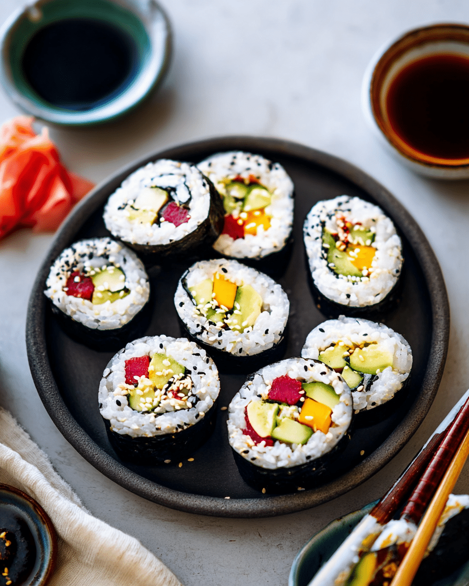 Colorful Vegetable Sushi with Spicy Mayo Drizzle