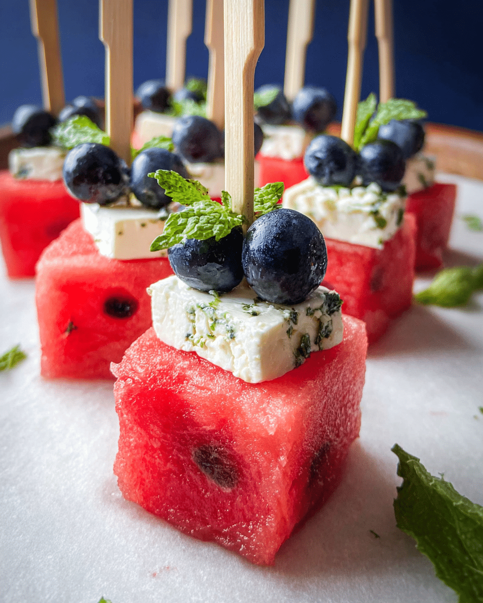 Sweet and Savory Watermelon, Blueberry, and Feta Skewers