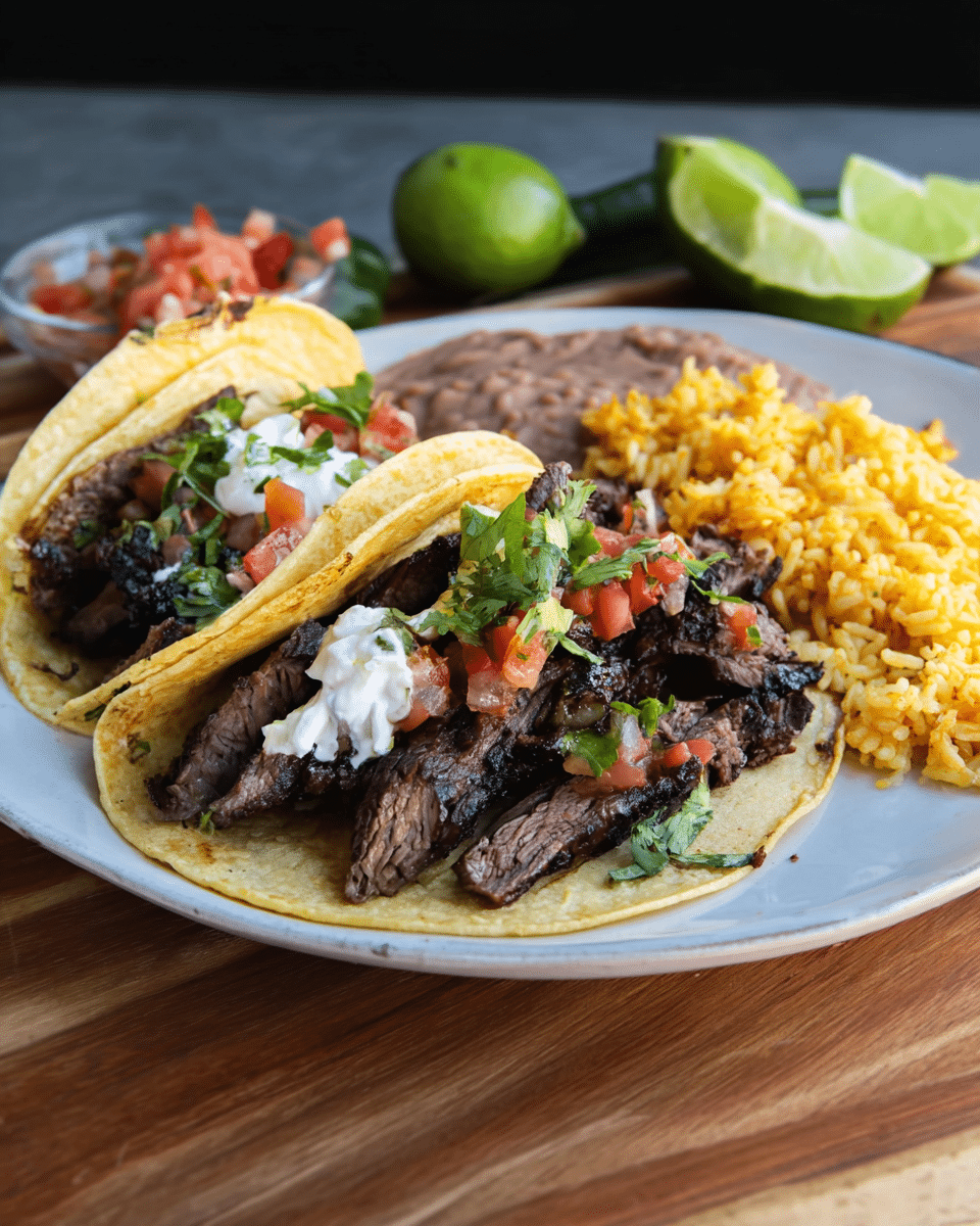 Skirt Steak Tacos with Refried Beans and Mexican Rice