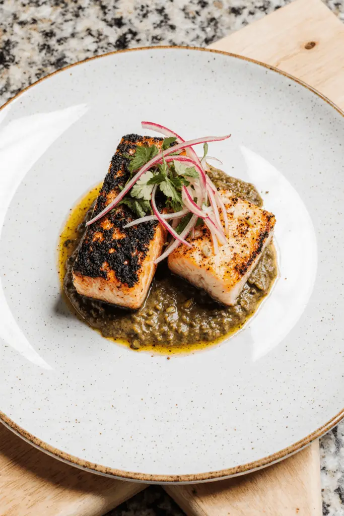 Sizzling Seared Salmon Drenched in Smoky Pepita Mole