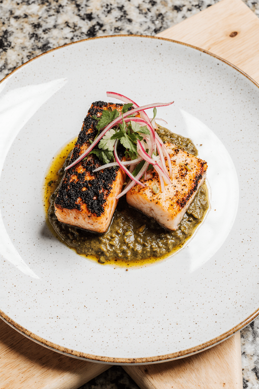 Sizzling Seared Salmon Drenched in Smoky Pepita Mole