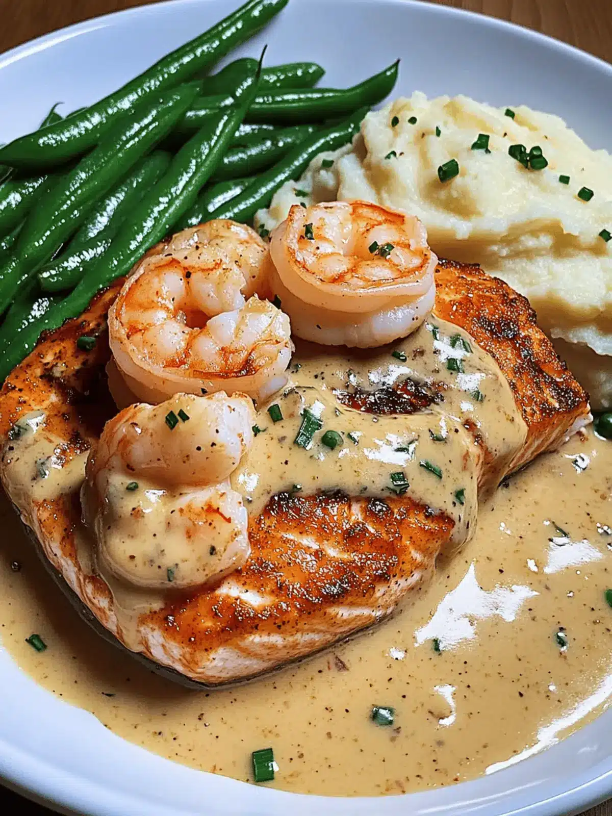 Cajun Shrimp and Salmon with Garlic Cream Sauce, Mashed Potatoes, and Green Beans: A Flavor-Packed Dinner to Impress