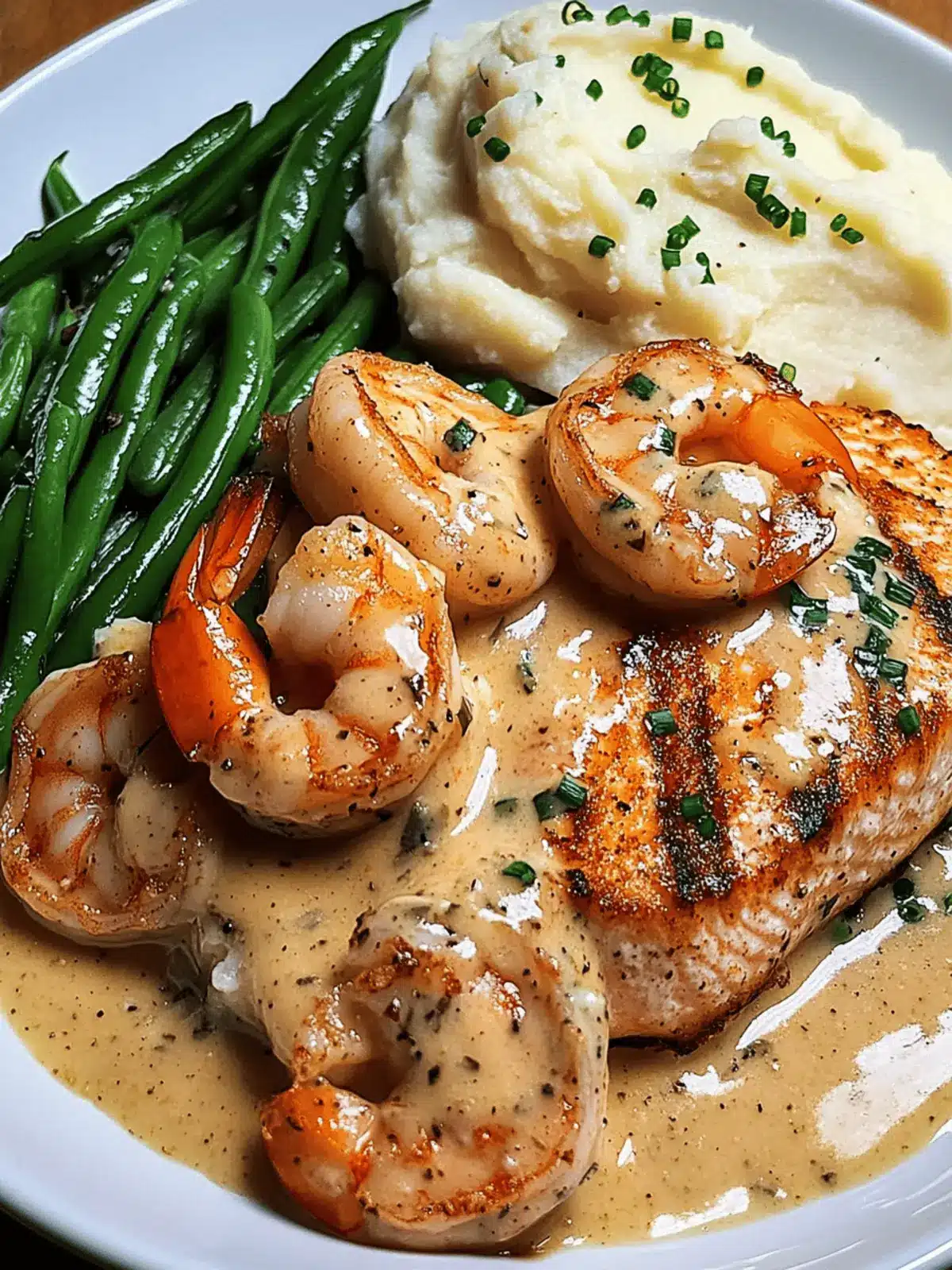Cajun Shrimp and Salmon with Garlic Cream Sauce, Mashed Potatoes, and Green Beans: A Flavor-Packed Dinner to Impress