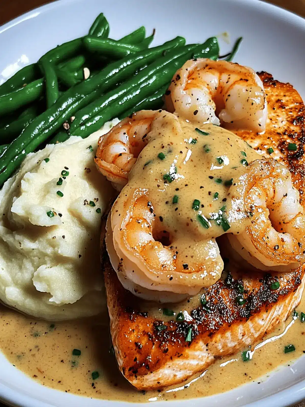 Cajun Shrimp and Salmon with Garlic Cream Sauce, Mashed Potatoes, and Green Beans: A Flavor-Packed Dinner to Impress