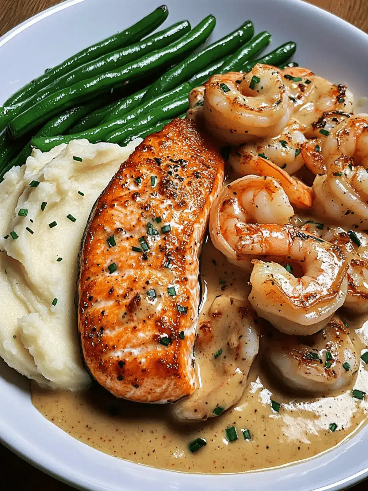 Cajun Shrimp and Salmon with Garlic Cream Sauce, Mashed Potatoes, and Green Beans: A Flavor-Packed Dinner to Impress